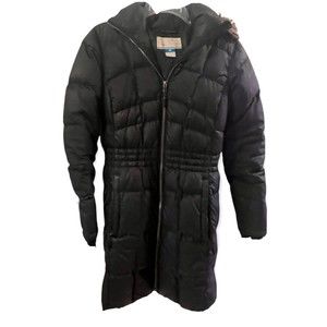 Columbia Puffer Jacket Women Small Hooded Long Down Fill Black